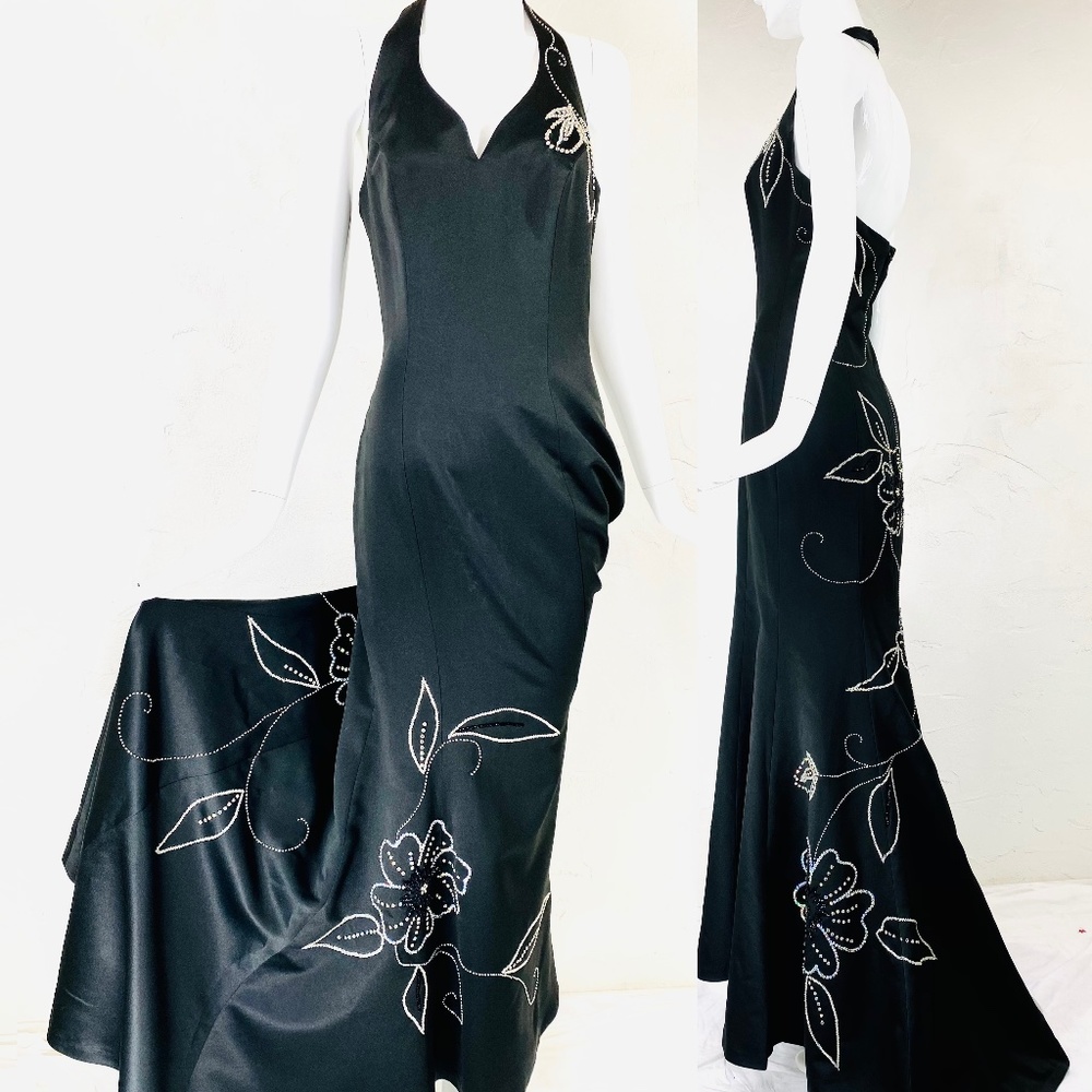 JOVANI Halter Long Black Bead Sequin Floral Dress